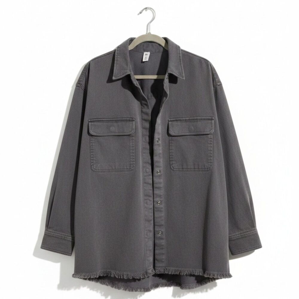Blue Gray Raw Edge Utility Jacket Women’s Shacket with Pockets Frayed Hem L